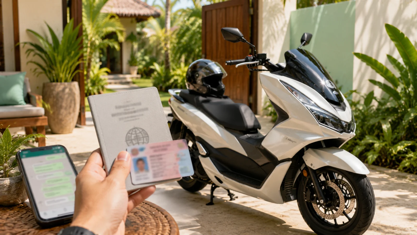 Scooter rental documents and helmet beside a scooter in Bali