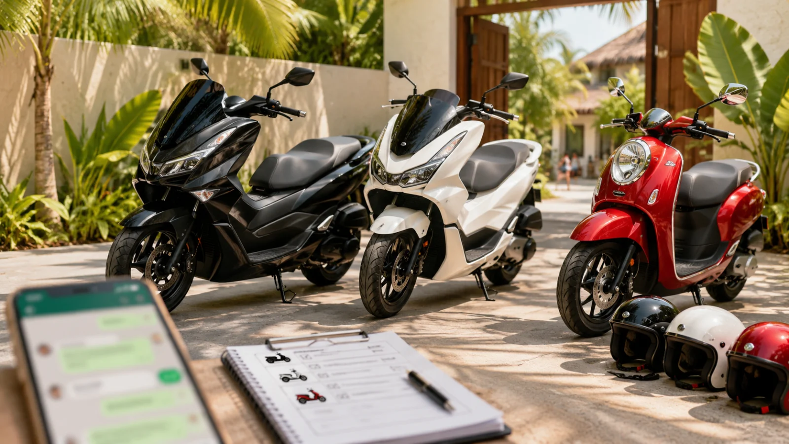 Scooters parked in a Bali villa driveway for a scooter rental price guide